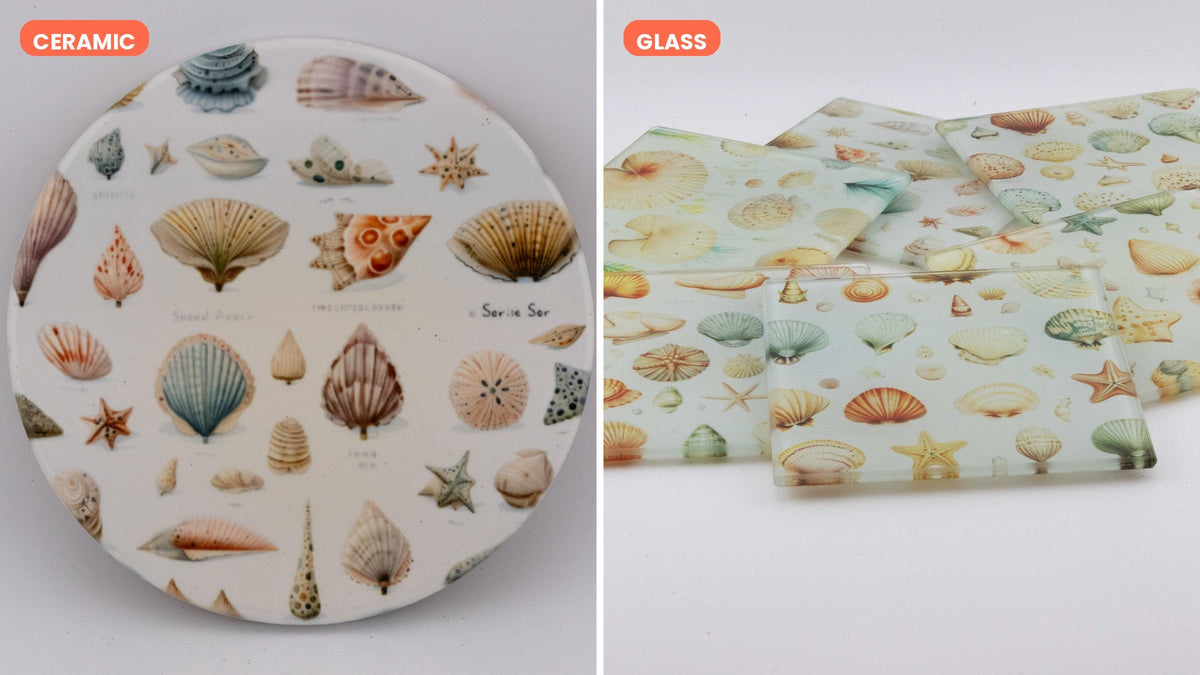 A seashell-print coaster set shown in both versions: round ceramic coasters on the left and square glass coasters on the right