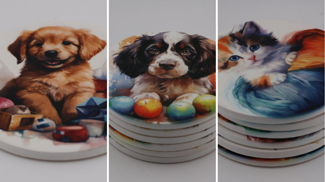 Three watercolour pet coaster sets side by side: golden retriever puppies, a springer spaniel puppy and a cuddly kitten