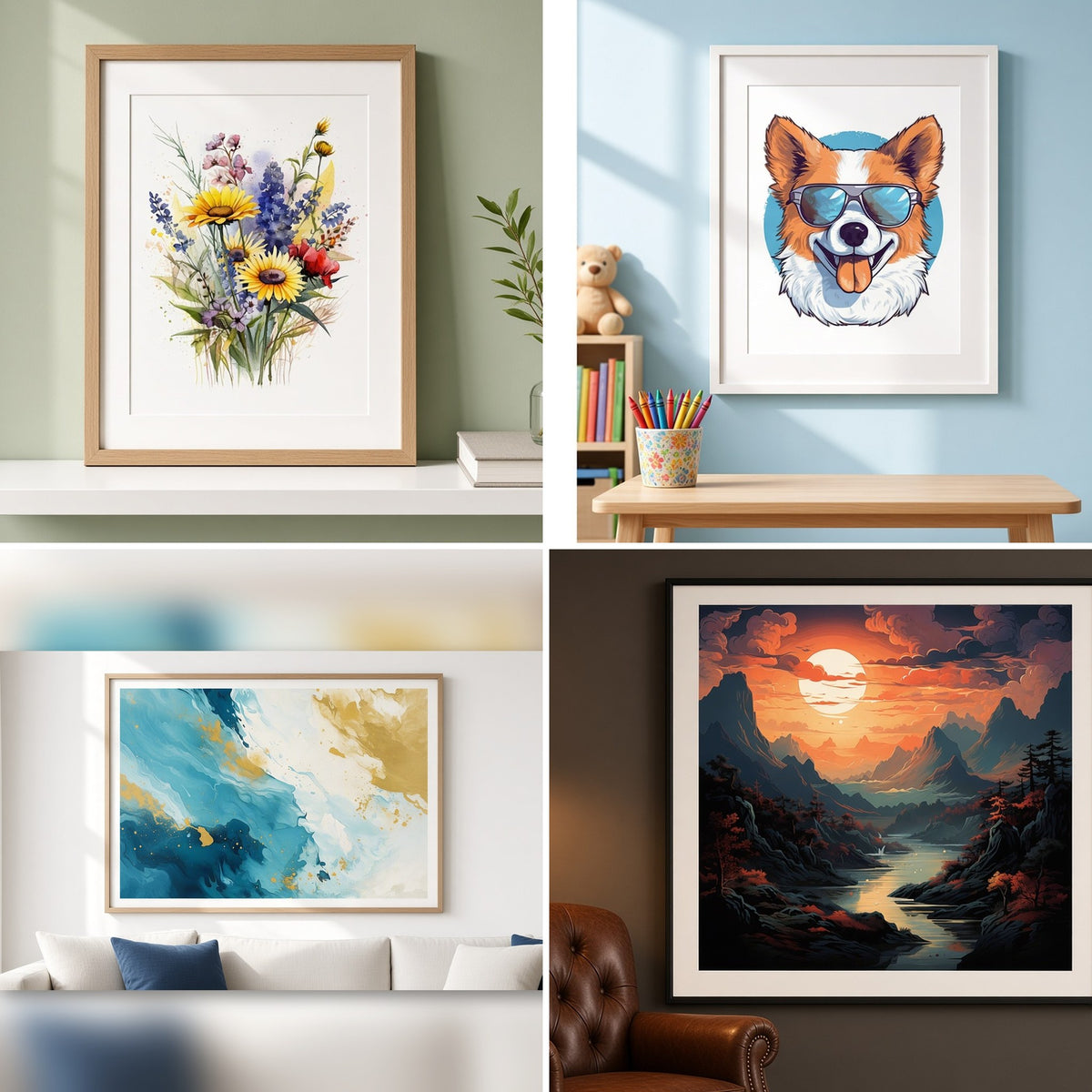 Four framed prints made from the AI art image bundles: flowers, a fox, abstract art and a landscape