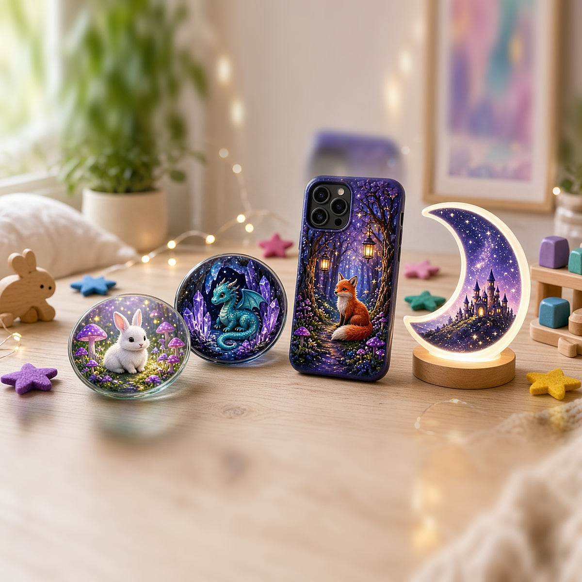 Kids fantasy UV-printed glass coasters with a bunny and a dragon, a fox phone case and a moon night-light on a child's bedroom table