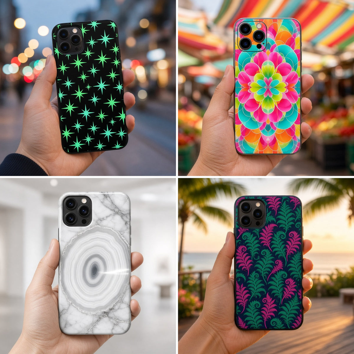 Four phone cases printed with colourful designs made from the prompt packs
