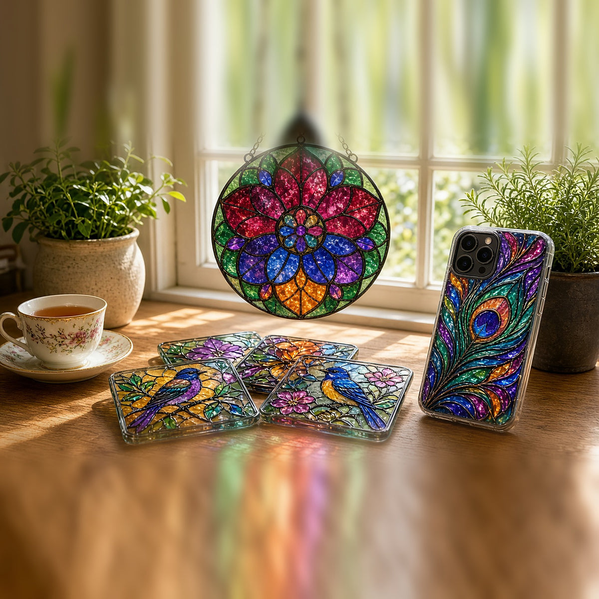 Stained glass style rose-window suncatcher, bird and flower glass coasters and a peacock-feather phone case on a sunny window sill