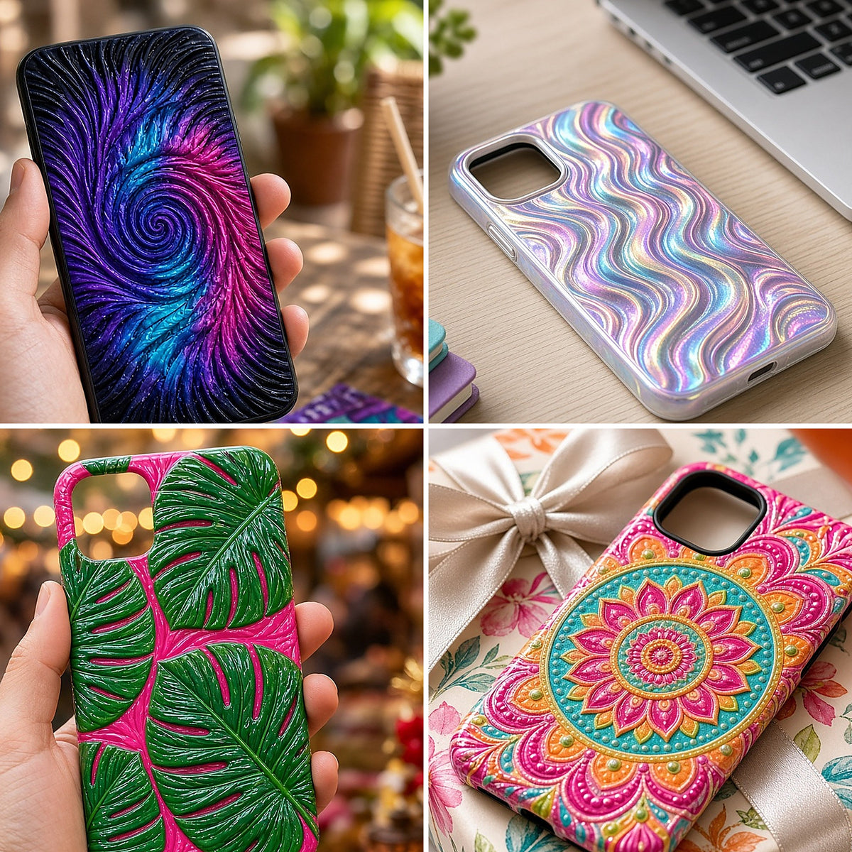 Free sample prompt results: four glossy raised UV printed phone cases held in hand