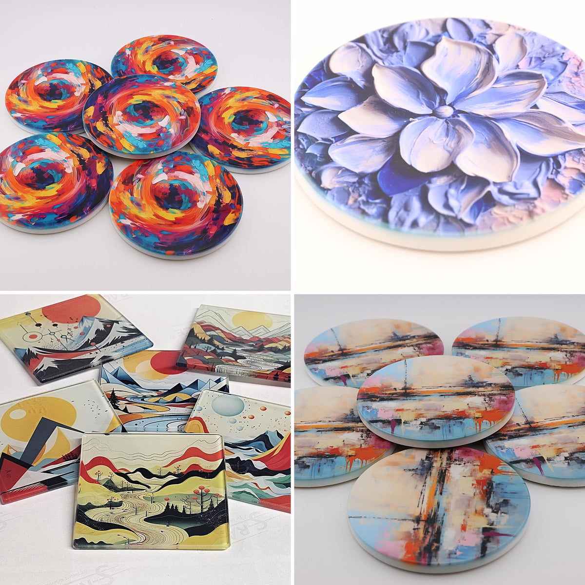 Glossy printed ceramic and glass coaster sets: abstract vortex, lilac lily, folk art mountains and watercolour seascape