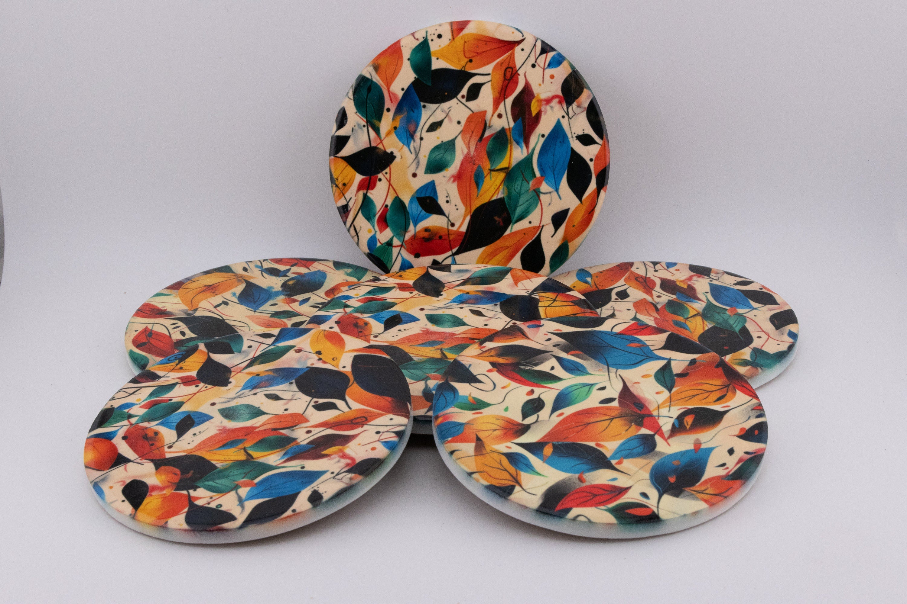 AI24025C Autumn Leaves Round Glass Coaster, Colorful Botanical Coaster, Modern Foliage Print Home Decor, Fall Leaf Pattern Drink Coaster