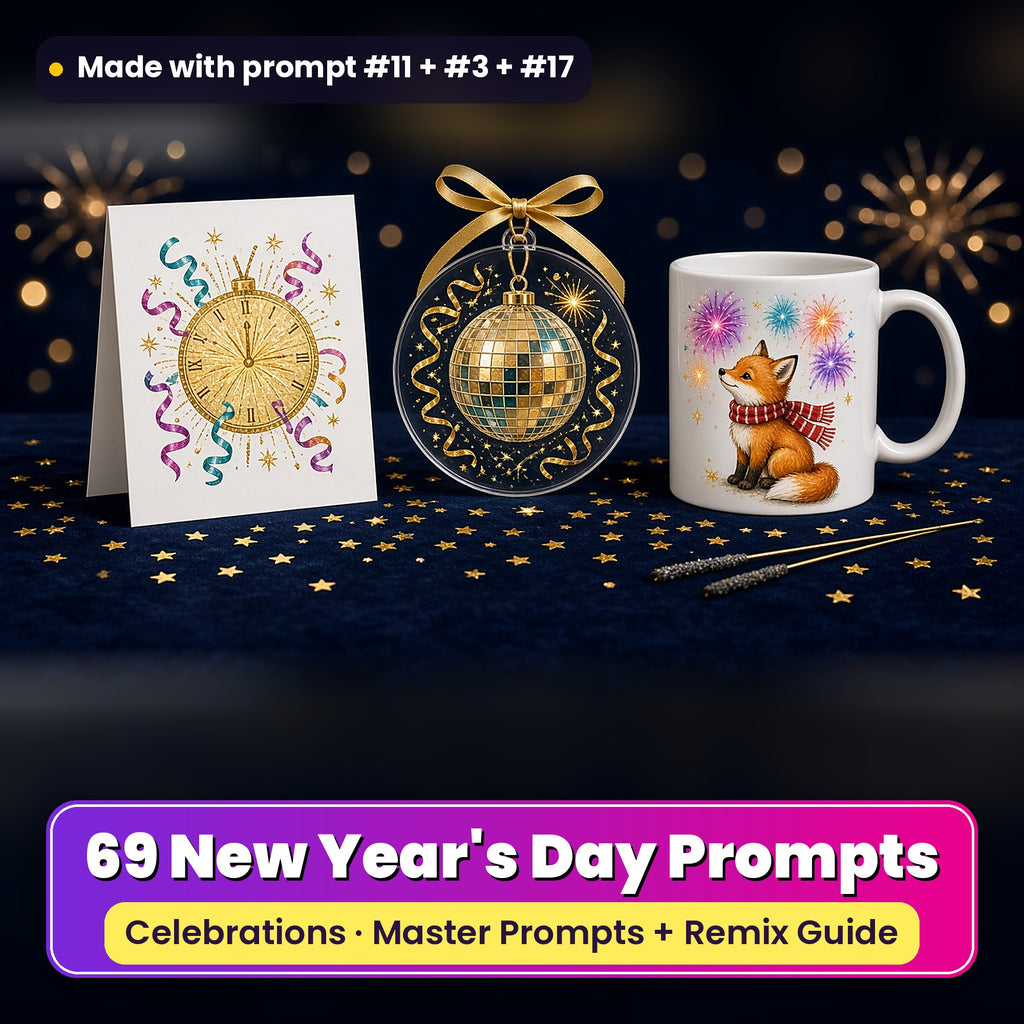 New Year's Day artwork prompt pack: 69 master prompts + Remix Guide, with a UV-printed greeting card, acrylic ornament and mug set made with prompts #11, #3 and #17