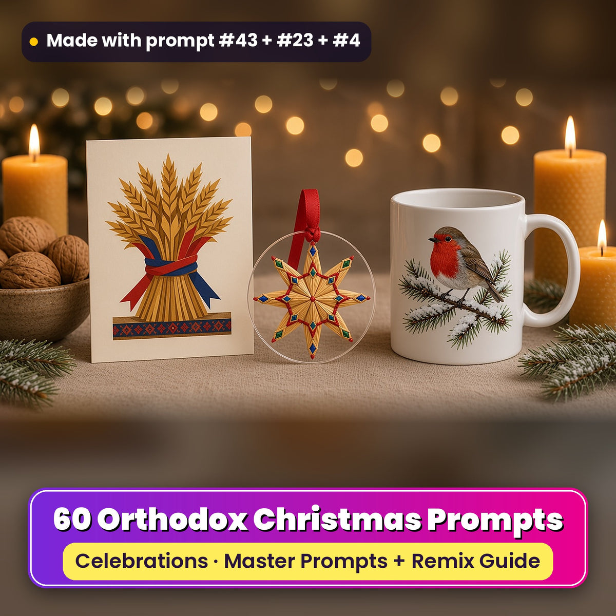 Orthodox Christmas prompt pack: 60 master prompts + Remix Guide, with a UV-printed greeting card, acrylic ornament and mug set made with prompts #43, #23 and #4