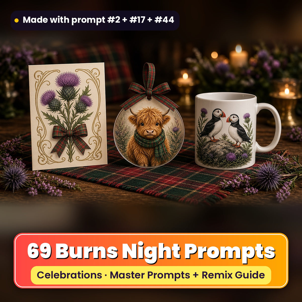 Burns Night artwork prompt pack: 69 master prompts + Remix Guide, with a UV-printed greeting card, acrylic ornament and mug set made with prompts #2, #17 and #44