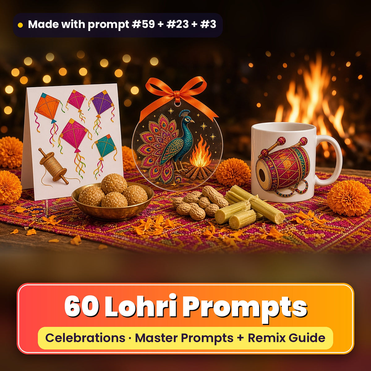 Lohri artwork prompt pack: 60 master prompts + Remix Guide, with a UV-printed greeting card, acrylic ornament and mug set made with prompts #59, #23 and #3