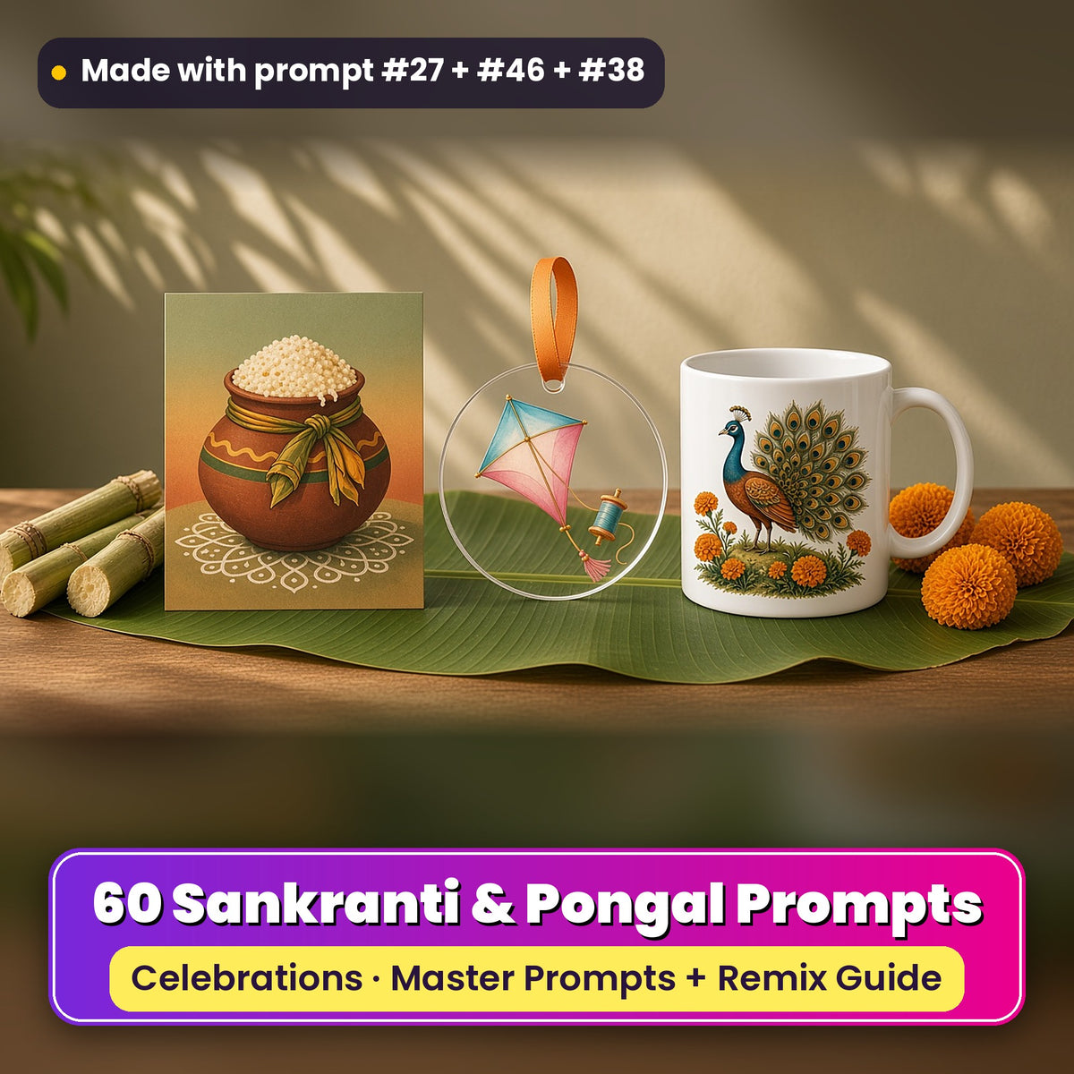 Makar Sankranti & Pongal prompt pack: 60 master prompts + Remix Guide, with a UV-printed greeting card, acrylic ornament and mug set made with prompts #27, #46 and #38