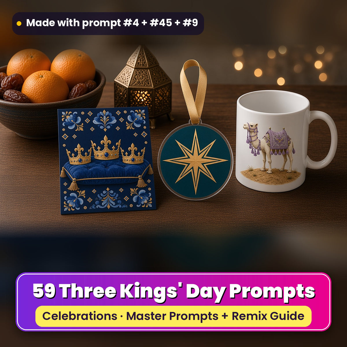 Epiphany & Three Kings' Day prompt pack: 59 master prompts + Remix Guide, with a UV-printed greeting card, acrylic ornament and mug set made with prompts #4, #45 and #9