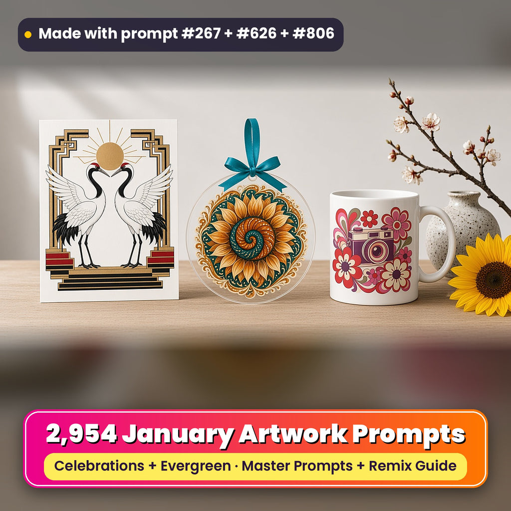 Complete January prompt library: 2,954 master prompts + Remix Guide, with a UV-printed greeting card, acrylic ornament and mug set made with prompts #267, #626 and #806