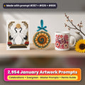 Complete January prompt library: 2,954 master prompts + Remix Guide, with a UV-printed greeting card, acrylic ornament and mug set made with prompts #267, #626 and #806