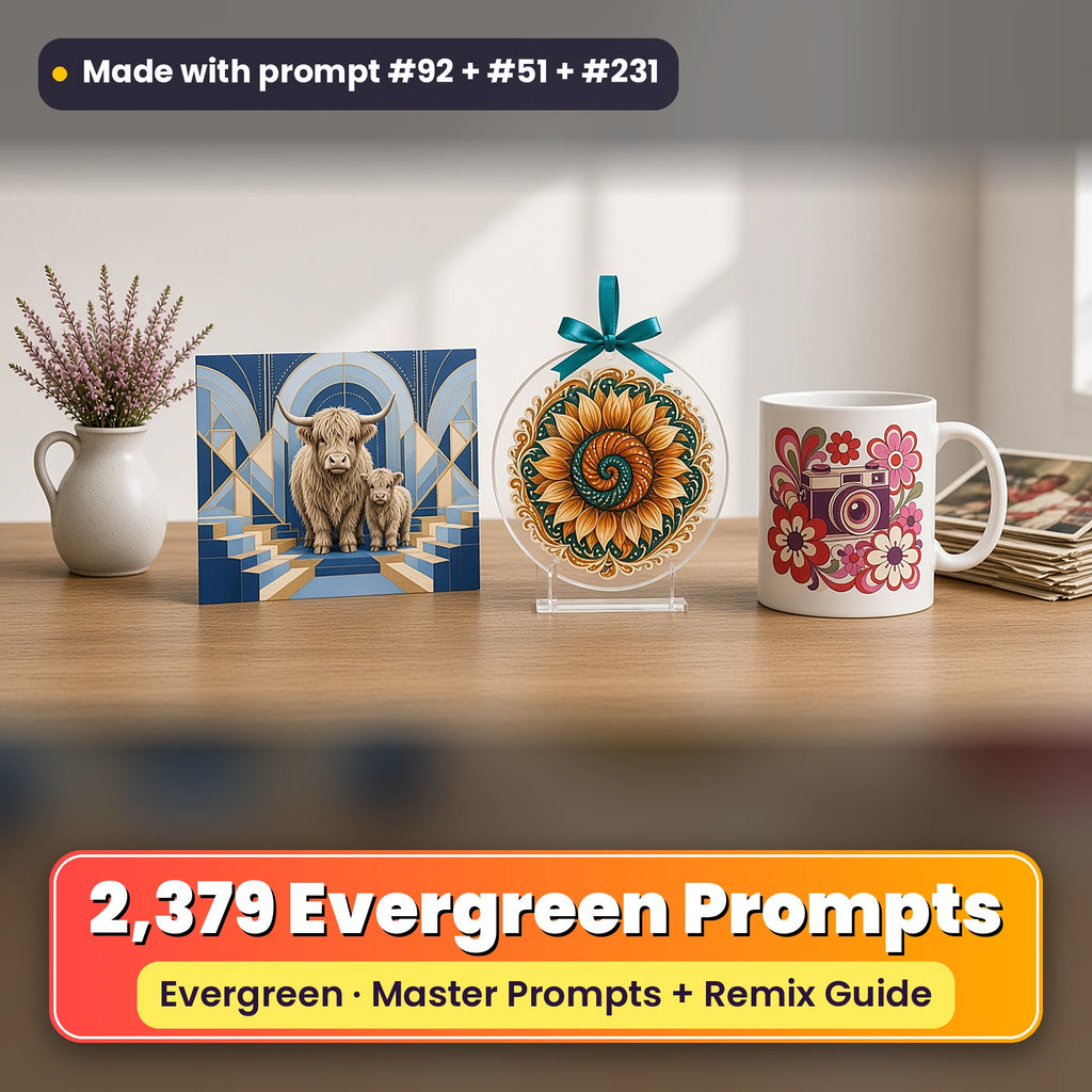 January Evergreen prompt library: 2,379 master prompts + Remix Guide, with a UV-printed greeting card, acrylic ornament and mug set made with prompts #92, #51 and #231
