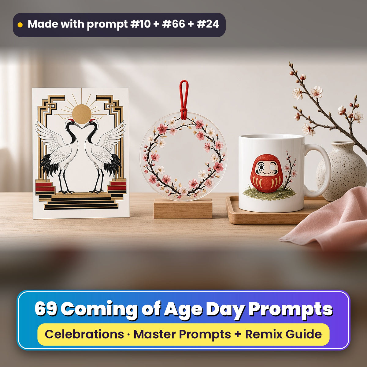 Coming of Age Day prompt pack: 69 master prompts + Remix Guide, with a UV-printed greeting card, acrylic ornament and mug set made with prompts #10, #66 and #24
