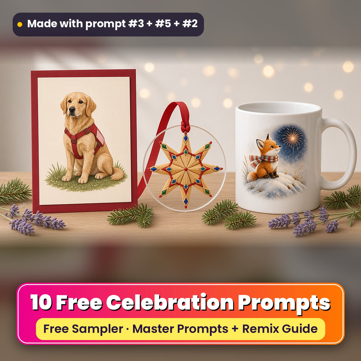 Worldwide Celebrations Free Prompt Sampler prompt pack: 10 master prompts + Remix Guide, with a UV-printed greeting card, acrylic ornament and mug set made with prompts #3, #5 and #2