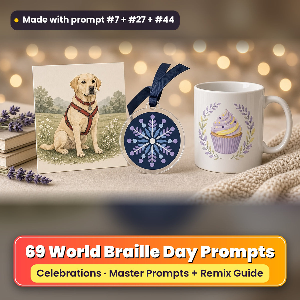 World Braille Day prompt pack: 69 master prompts + Remix Guide, with a UV-printed greeting card, acrylic ornament and mug set made with prompts #7, #27 and #44