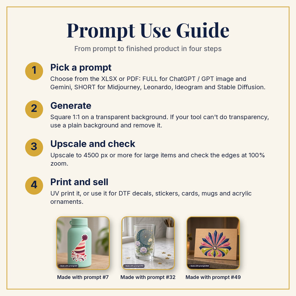 Prompt Use Guide: pick a prompt, generate, upscale and check, then print and sell, with example products made with prompts #7, #32 and #49