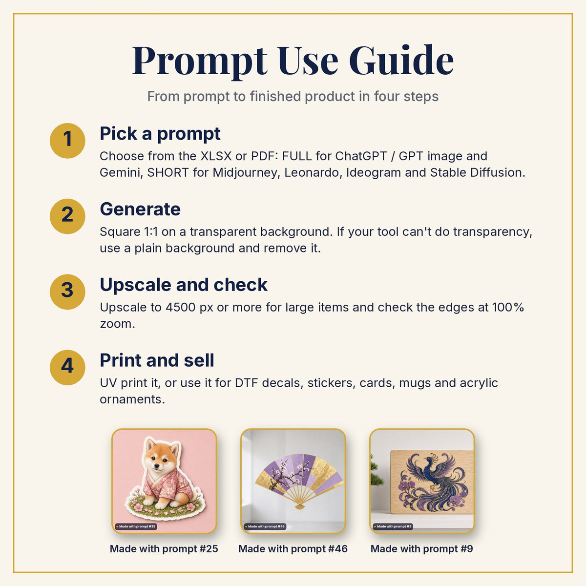 Prompt Use Guide: pick a prompt, generate, upscale and check, then print and sell, with example products made with prompts #25, #46 and #9
