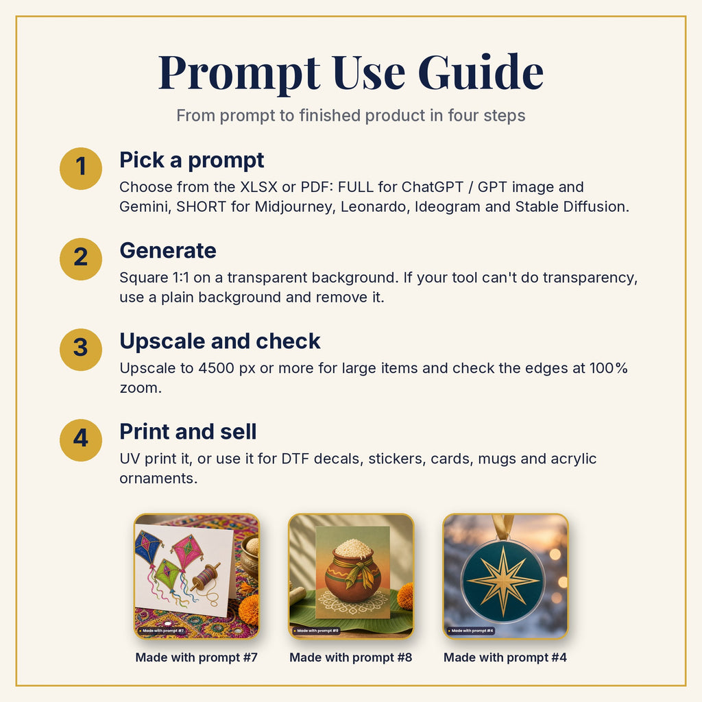 Prompt Use Guide: pick a prompt, generate, upscale and check, then print and sell, with example products made with prompts #7, #8 and #4