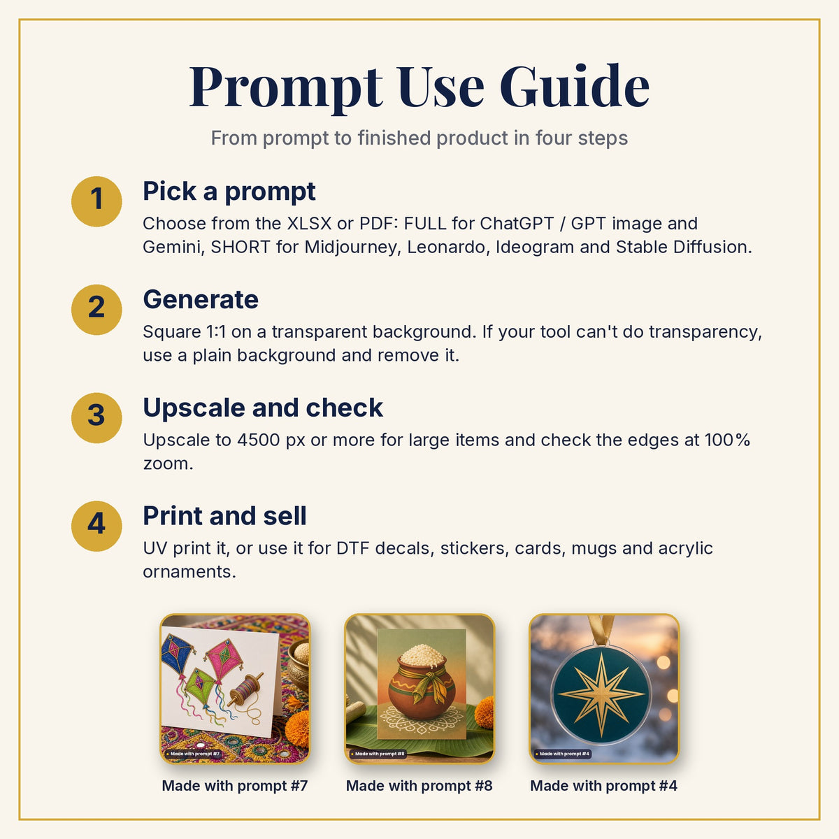 Prompt Use Guide: pick a prompt, generate, upscale and check, then print and sell, with example products made with prompts #7, #8 and #4