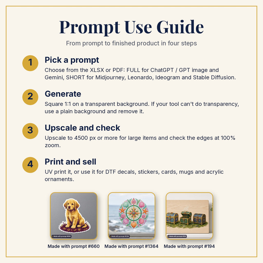 Prompt Use Guide: pick a prompt, generate, upscale and check, then print and sell, with example products made with prompts #660, #1364 and #194