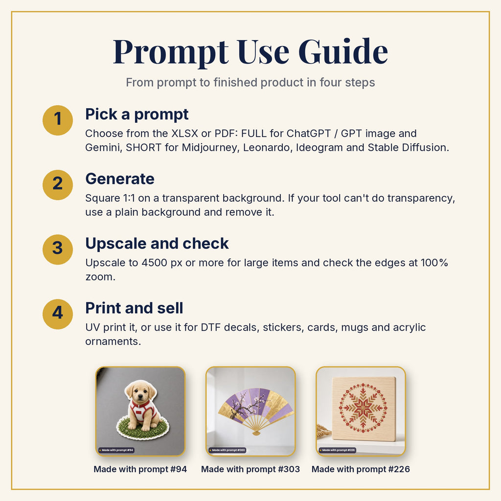 Prompt Use Guide: pick a prompt, generate, upscale and check, then print and sell, with example products made with prompts #94, #303 and #226