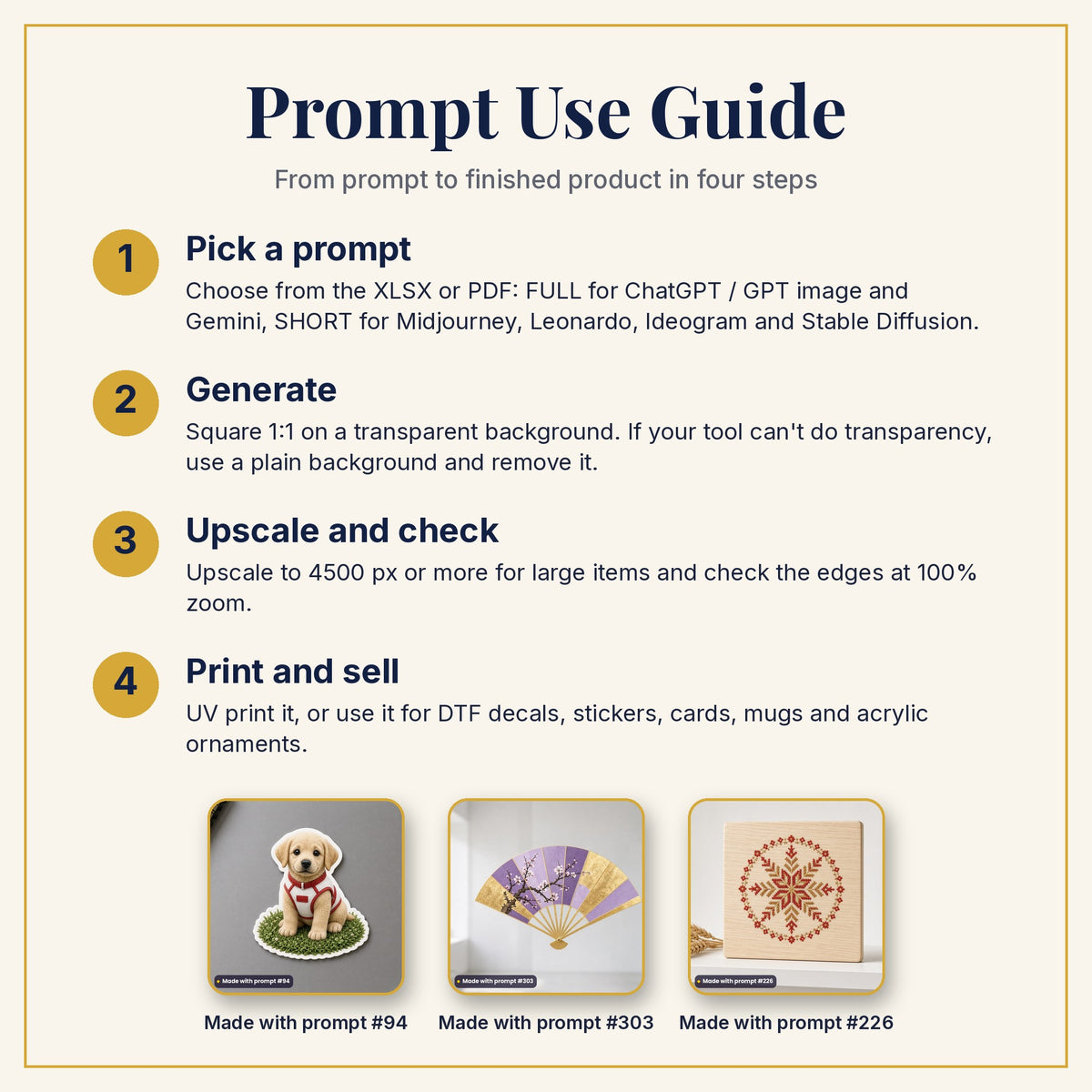 Prompt Use Guide: pick a prompt, generate, upscale and check, then print and sell, with example products made with prompts #94, #303 and #226