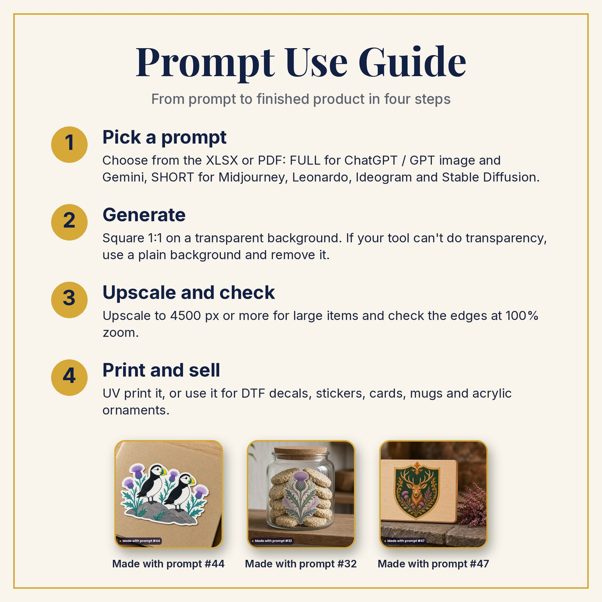 Prompt Use Guide: pick a prompt, generate, upscale and check, then print and sell, with example products made with prompts #44, #32 and #47