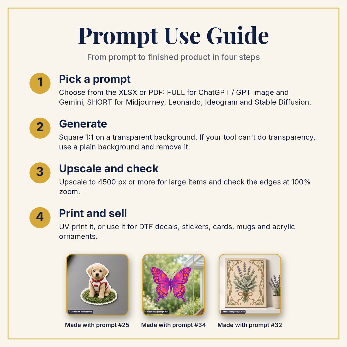 Prompt Use Guide: pick a prompt, generate, upscale and check, then print and sell, with example products made with prompts #25, #34 and #32