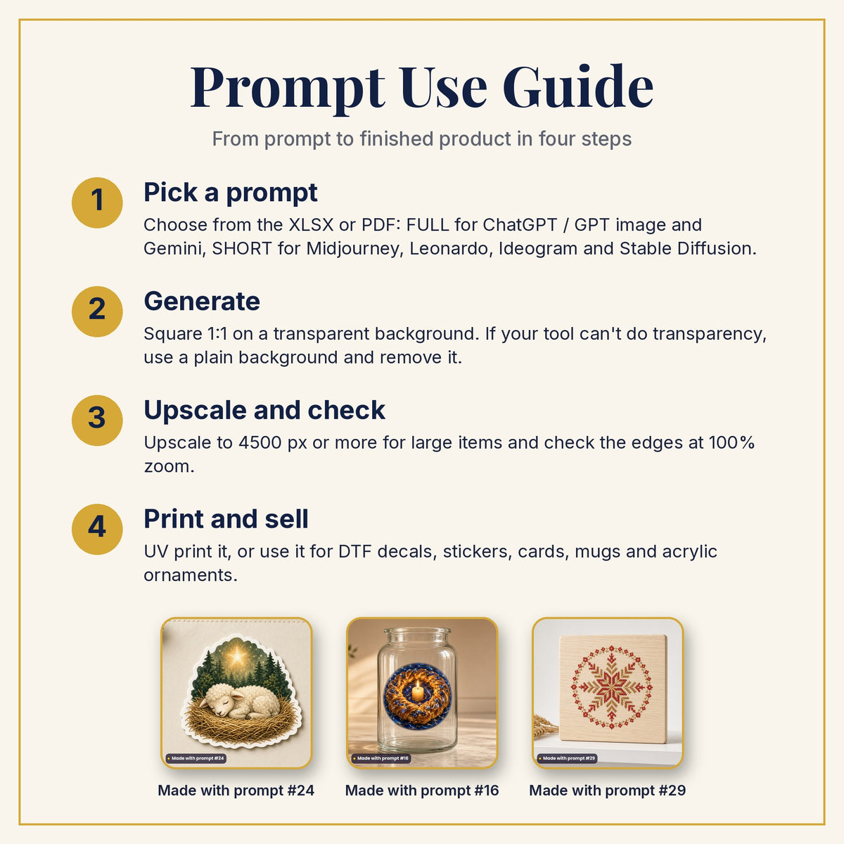 Prompt Use Guide: pick a prompt, generate, upscale and check, then print and sell, with example products made with prompts #24, #16 and #29