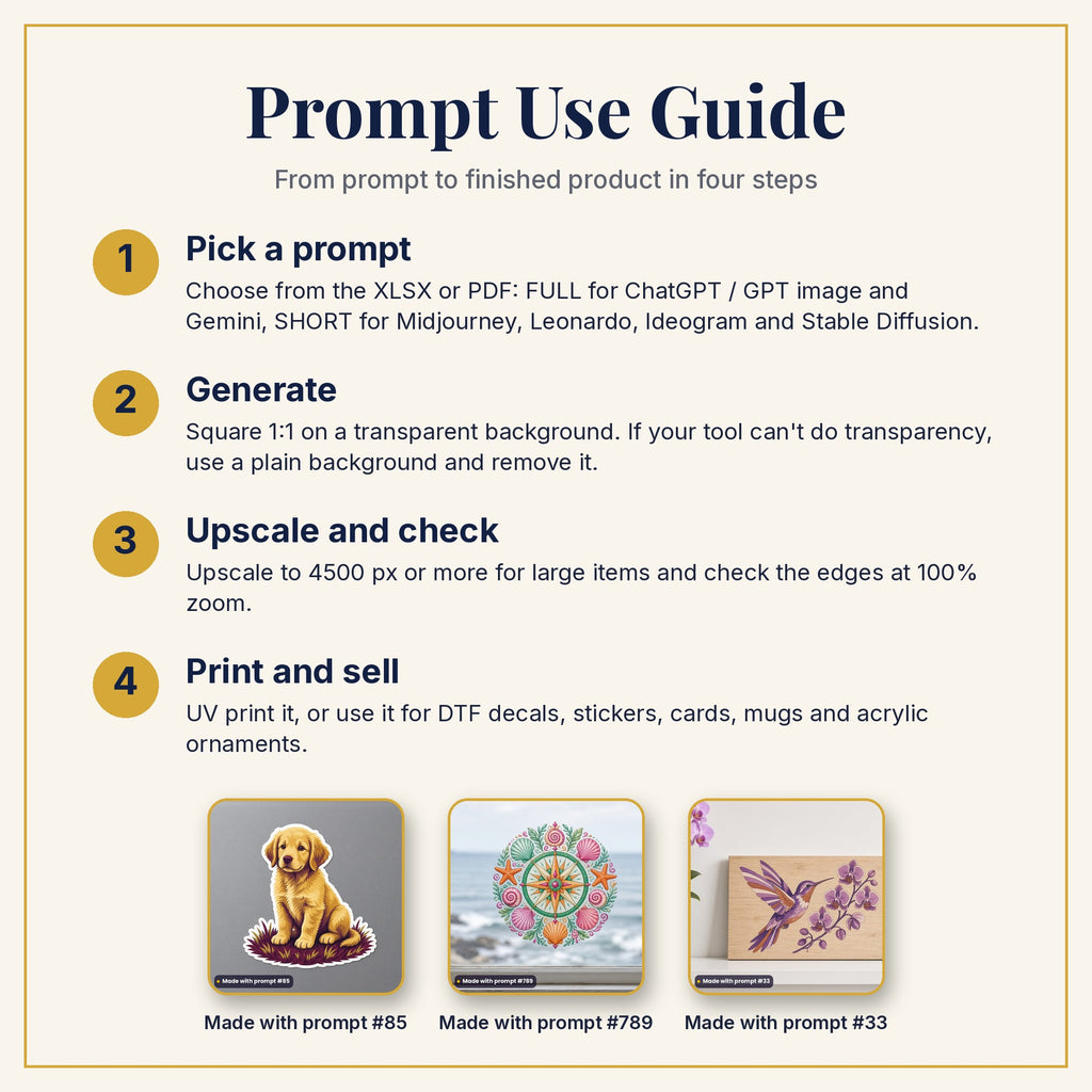 Prompt Use Guide: pick a prompt, generate, upscale and check, then print and sell, with example products made with prompts #85, #789 and #33