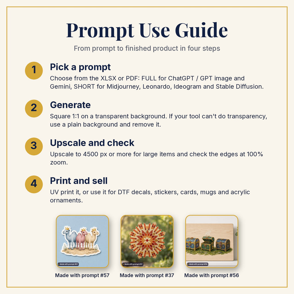 Prompt Use Guide: pick a prompt, generate, upscale and check, then print and sell, with example products made with prompts #57, #37 and #56