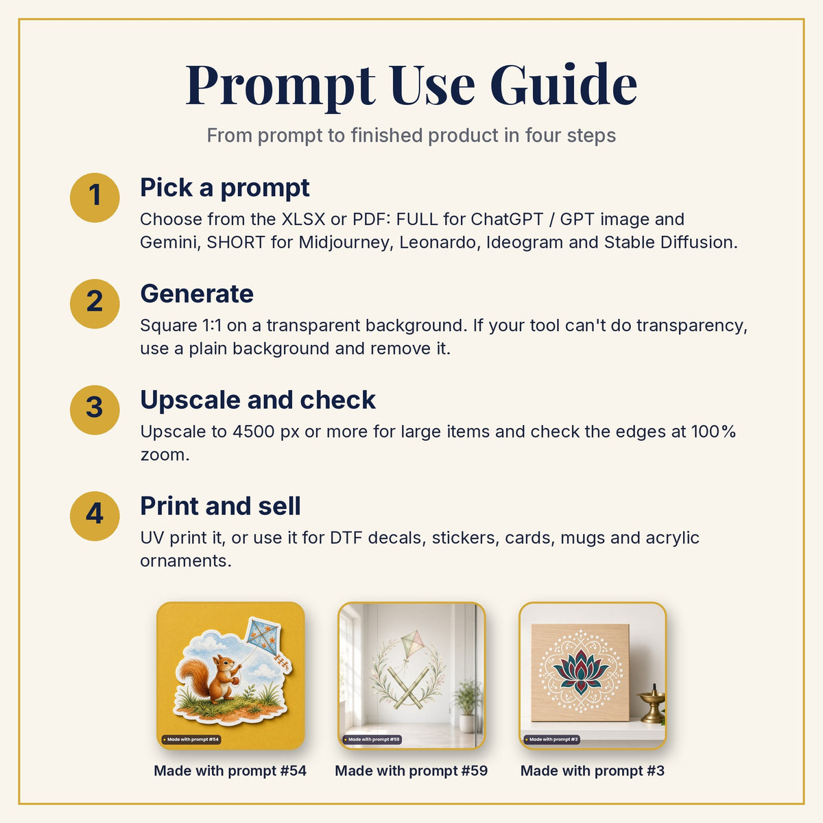 Prompt Use Guide: pick a prompt, generate, upscale and check, then print and sell, with example products made with prompts #54, #59 and #3