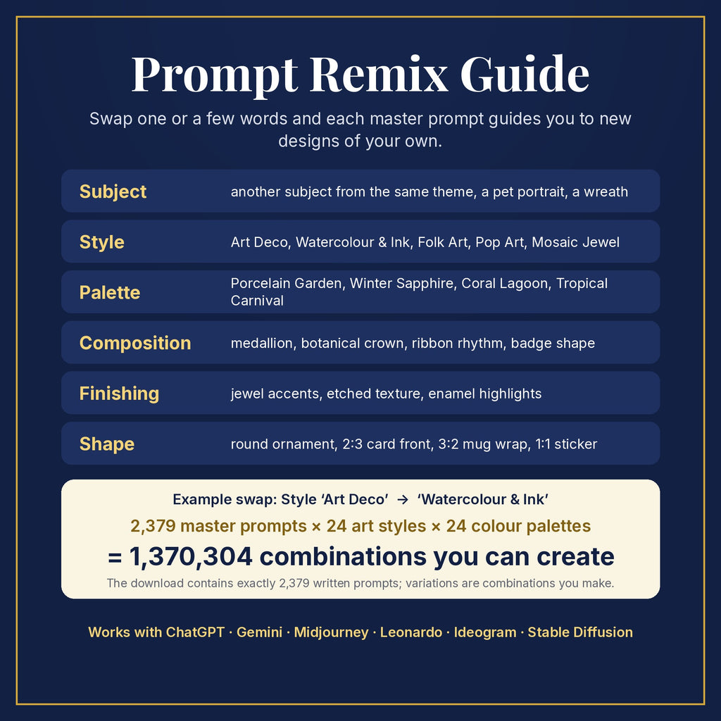 Prompt Remix Guide: swap subject, style, palette, composition, finishing and shape; 2,379 master prompts × 24 styles × 24 palettes = 1,370,304 combinations you can create