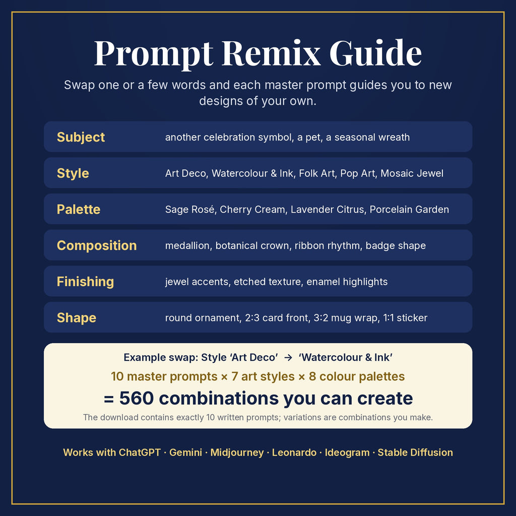 Prompt Remix Guide: swap subject, style, palette, composition, finishing and shape; 10 master prompts × 7 styles × 8 palettes = 560 combinations you can create