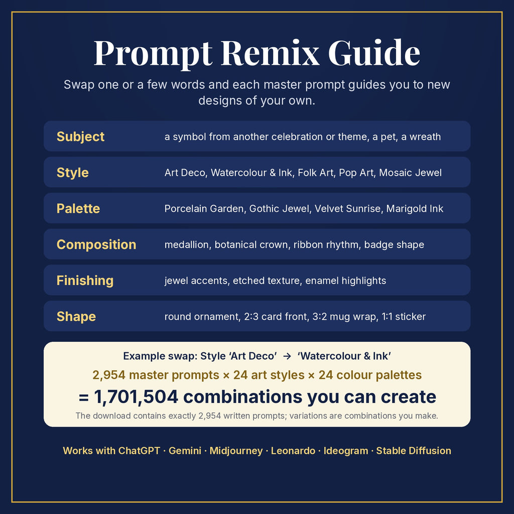 Prompt Remix Guide: swap subject, style, palette, composition, finishing and shape; 2,954 master prompts × 24 styles × 24 palettes = 1,701,504 combinations you can create