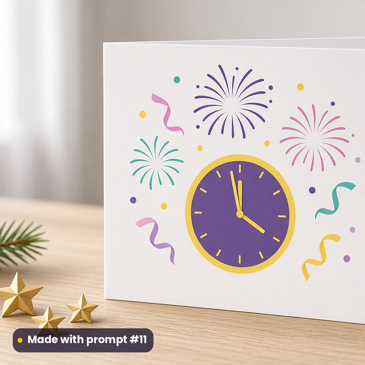 New Year's Day artwork printed on a flat-printed greeting card: golden midnight clock with both hands at twelve, bursting with fireworks and curled streamers, modern scandinavian style, made with prompt #11 from this pack