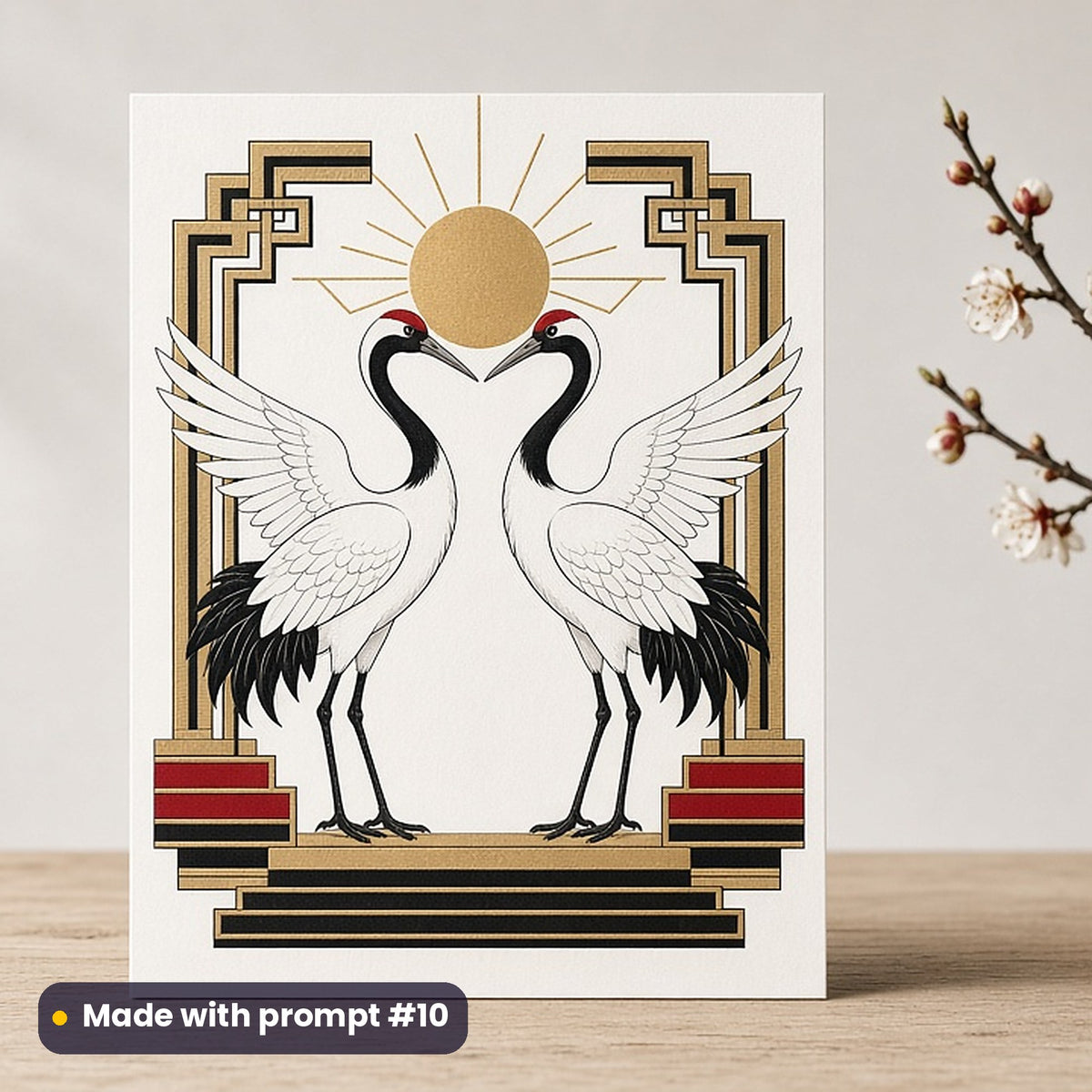 Coming of Age Day artwork printed on a flat-printed greeting card: two cranes forming a heart with their necks, art deco style, made with prompt #10 from this pack