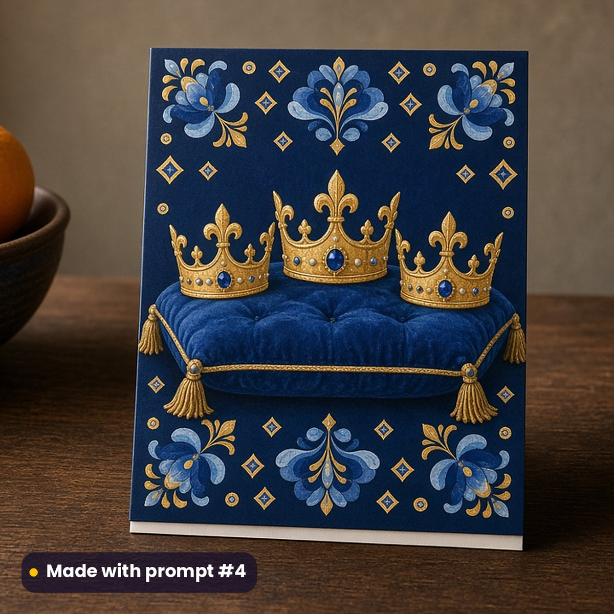 Epiphany & Three Kings' Day artwork printed on a flat-printed greeting card: three golden crowns with jewels resting on a velvet cushion, folk art style, made with prompt #4 from this pack
