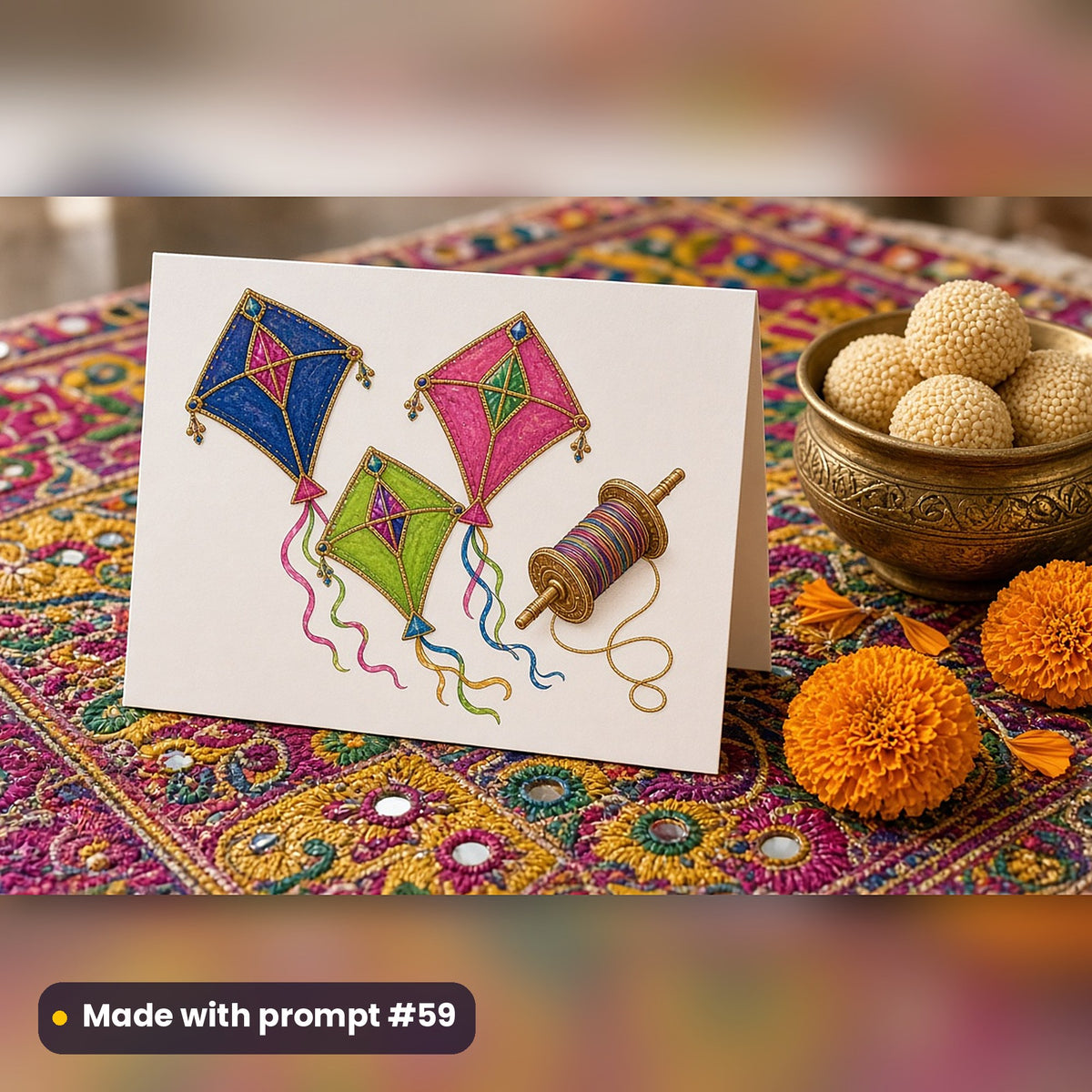 Lohri artwork printed on a flat-printed greeting card: colourful patang kites with a charkhi spool of string, luxury enamel & gemstone style, made with prompt #59 from this pack