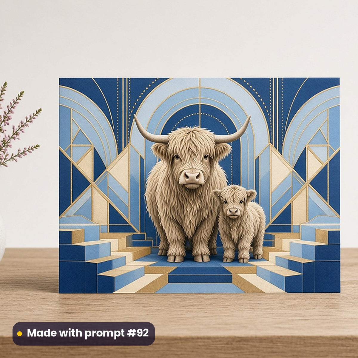 Pets & Animal Portraits artwork printed on a flat-printed greeting card: highland cow and calf, art deco style, made with prompt #92 from this pack