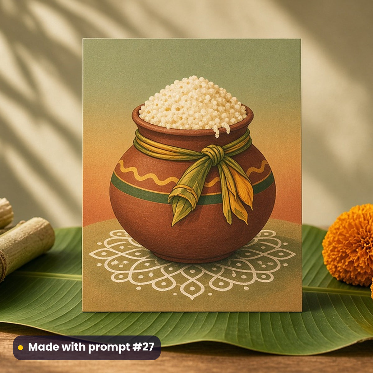 Makar Sankranti & Pongal artwork printed on a flat-printed greeting card: clay Pongal pot boiling over with sweet rice, tied with a turmeric plant, retro psychedelic style, made with prompt #27 from this pack