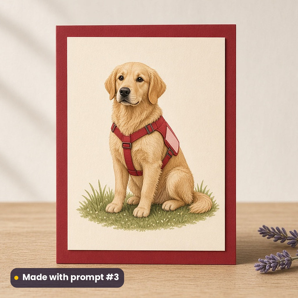 World Braille Day artwork printed on a flat-printed greeting card: golden retriever guide dog in a working harness sitting proudly, handcrafted clay illusion style, made with prompt #3 from this pack