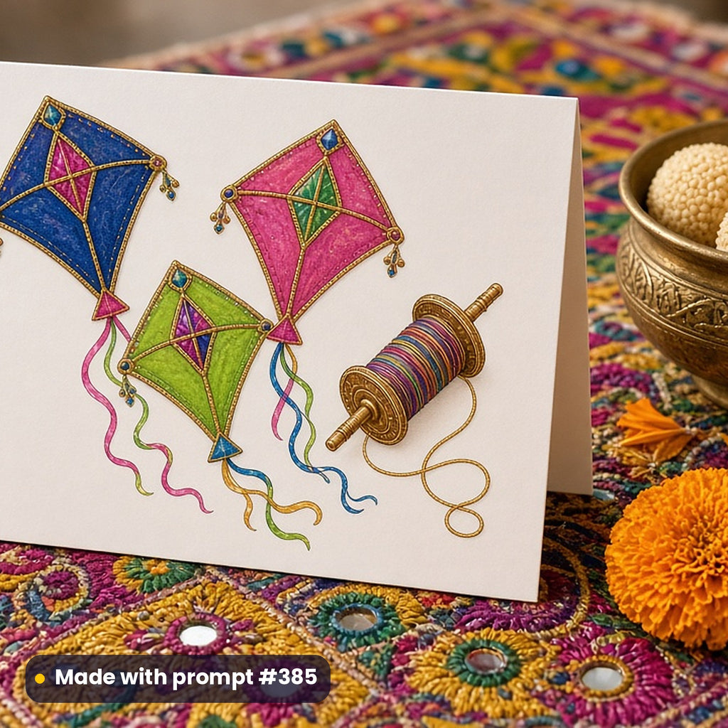 Lohri artwork printed on a flat-printed greeting card: colourful patang kites with a charkhi spool of string, luxury enamel & gemstone style, made with prompt #385 from this pack