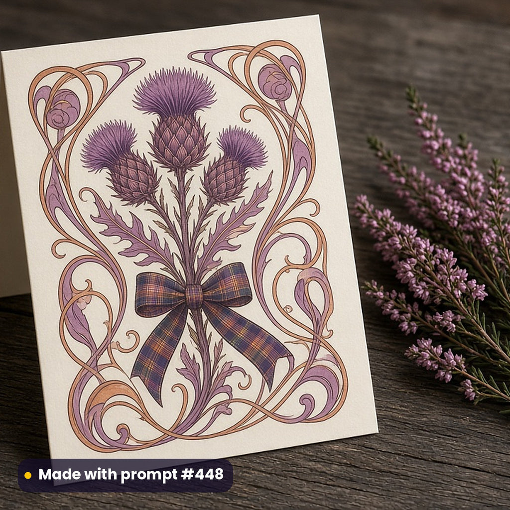 Burns Night artwork printed on a flat-printed greeting card: purple Scottish thistle bouquet tied with a tartan ribbon, art nouveau style, made with prompt #448 from this pack