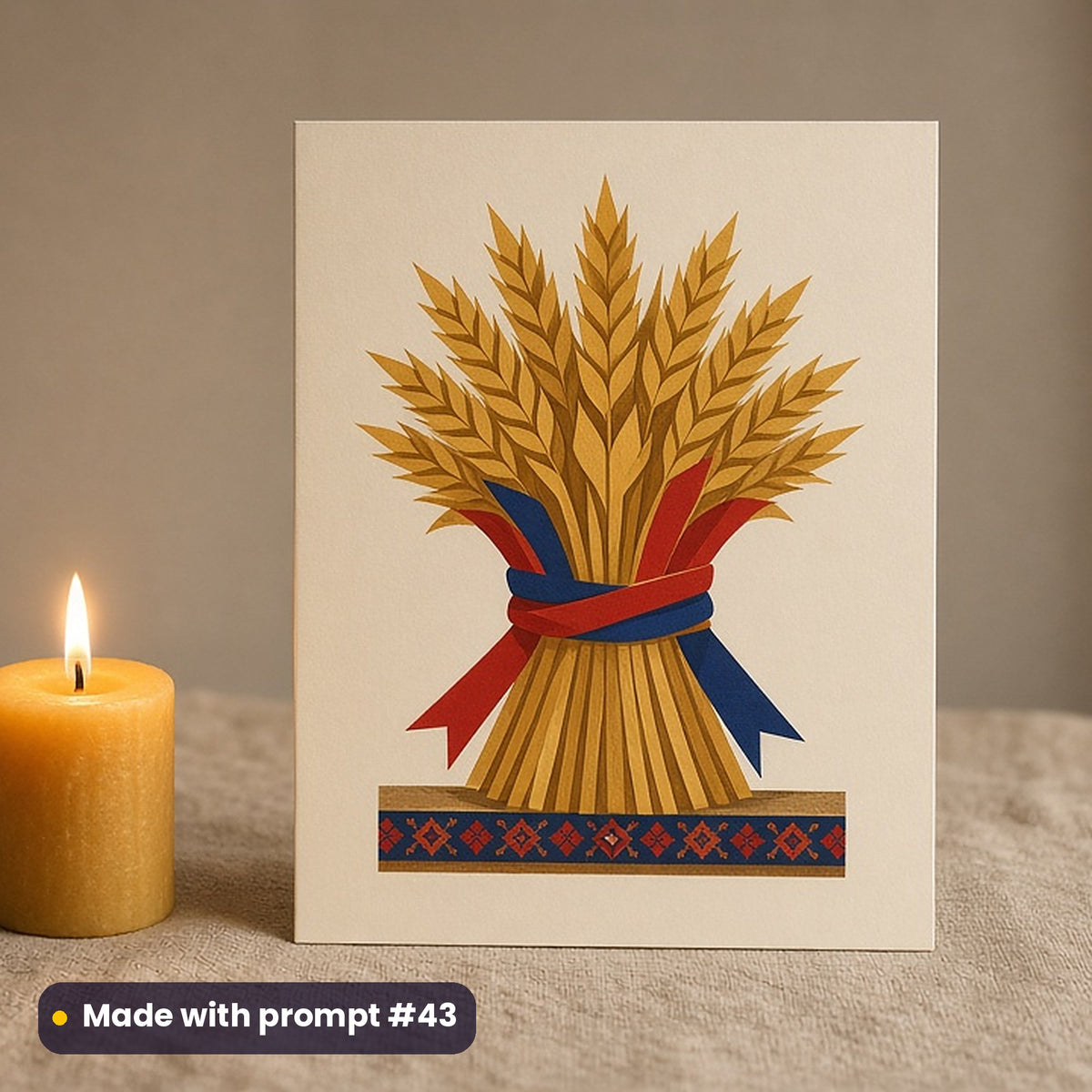 Orthodox Christmas artwork printed on a flat-printed greeting card: didukh: a decorated wheat-sheaf with ribbons, pop art style, made with prompt #43 from this pack