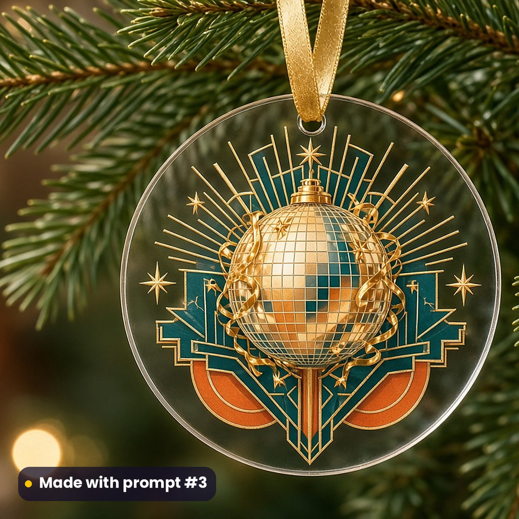 New Year's Day artwork printed on a UV-printed clear acrylic ornament: glittering mirror disco ball wrapped in gold streamers and starbursts, art deco style, made with prompt #3 from this pack