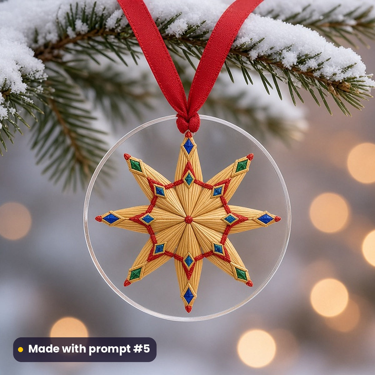 Orthodox Christmas artwork printed on a UV-printed clear acrylic ornament: straw star ornament with red thread, luxury enamel & gemstone style, made with prompt #5 from this pack