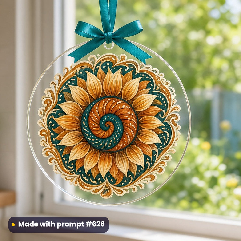 Botanical Illustration artwork printed on a UV-printed clear acrylic ornament: sunflower spiral, folk art style, made with prompt #626 from this pack